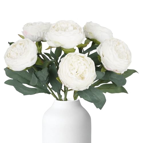 White Peonies Artificial Flowers,6PCS Vintage Faux Peony Flowers 19.7" Silk Peonies with Stems for Wedding Bridal Bouquet Home Party Office Decoration(White) - color: White