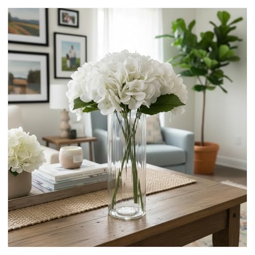 Artificial Hydrangea with Ribbed Glass Vase, 4 Stems, 12" | Real Touch Latex Faux Flowers, 10" Bloom Dia, Maintenance Free, for Table Centerpiece, Home Wedding Office Decor
