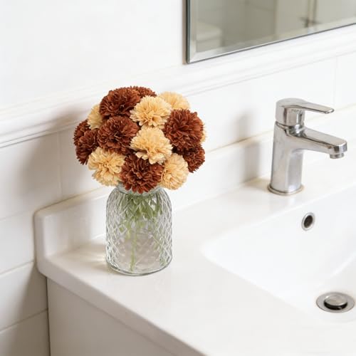 20Pcs Champagne Coffee Artificial Chrysanthemum Ball Hydrangea Silk Fake Flowers for Bridal Wedding Bouquet Home Garden Party Decor - color: Champagne Coffee，20pcs