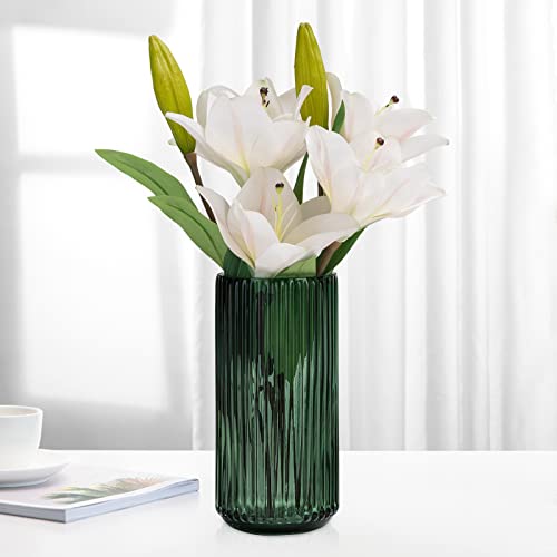 TIMEFOTO Flower Vase 10 inch Green Thickened Hand Blow Glass Vase Round Vintage Striped Bottles for Bookshelf,Dinner Table,Indoor Office Desktop,Meeting Room,Bathroom,Countertop,Home - color: Glass Green, size: 10 inch