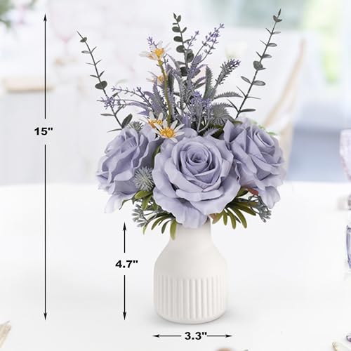 Artificial Flowers in Vase, Silk Roses Flowers Artificial Eucalyptus Lavenders Small Daisies and Fake Plants in White Ceramic Vase, Rustic Farmhouse Floral Arrangements Décor, Plants for Living Room - color: Dustyblue