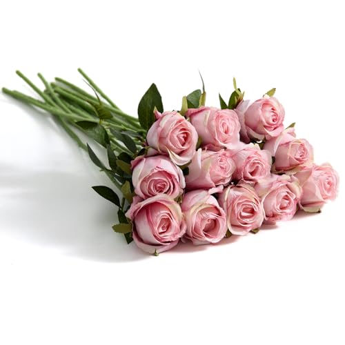12 Pcs Light Pink Roses Artificial Flowers -20" Silk Roses Bouquet,Fake Roses Long Stem for Arrangement Wedding Centerpiece Mother's Day Home Office Party Decor - color: Light Pink
