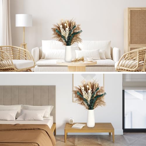Musunny Dried Pampas Grass Decor ,17" Dried Flowers for Vase, Boho Dried Flower Bouquet with Eucalyptus for Farmhouse Home Room Office Décor - color: White02