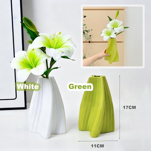 Twisted Dopamine Plastic Vase with Fake Artificial Lily Flowers，Modern Vibrant Decorative Vase for Home Living Room Coffee Dining Table Bookshelf Shelf Console Bedroom(Green) - color: Green
