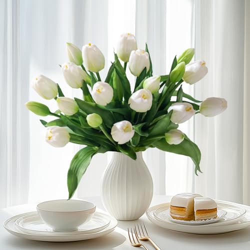 Bailikang 20PCS Fake Tulips Artificial Tulip Silk Flowers Fake PU Bouquet Artificial Flowers Faux Flowers with Gift Box Soft Faux Tulips Bouquets Arrangements for Party Wedding Home - color: White