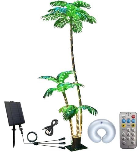 Solar Artificial Palm Tree Christmas Tree 7Ft 3Trunks 260LED Lighted Simulation Tropical Palm Tree Fake Plant Light for Patio Home Office Beach Yard Cruise Party Tiki Bar Decorations - style: 7FT Solar