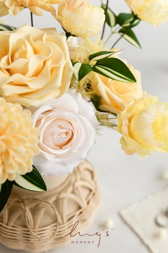 Ling's moment Artificial Flowers Fake Silk Roses Faux Foam Dahlia Combo for DIY Wedding Bouquets Centerpieces Arrangements Bridal Shower Party Home Decorations, Creamy Yellow & Cream, 24pcs - color: Ylw-creamy Yellow & Cream