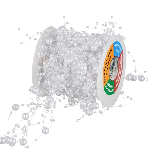 13Feet Pearl String Spool Roll for Floating Candles Faux Pearls Strands Garland for Vase Filler Wedding Centerpiece Christmas Table Decor (White) - color: White