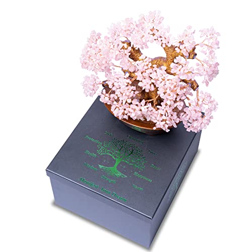 Natural Rose Quartz Tree Large,14" Chakra Crystal Tree(1,251 Gemstone Count) w/Lucky Coins Chain Healing Properties - Bonsai Feng Shui Money Tree for Love Self Care Home Office Decoration - color: Rose Quartz