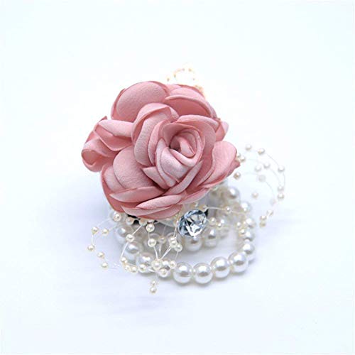 Bridesmaid Wrist Corsage Bridal Silk Wrist Flower with Faux Pearl Bead Stretch Bracelet Wristband Gold Leaf for Wedding Prom Hand Flowers Decor - color: Champagne Pink, size: Pack of 2