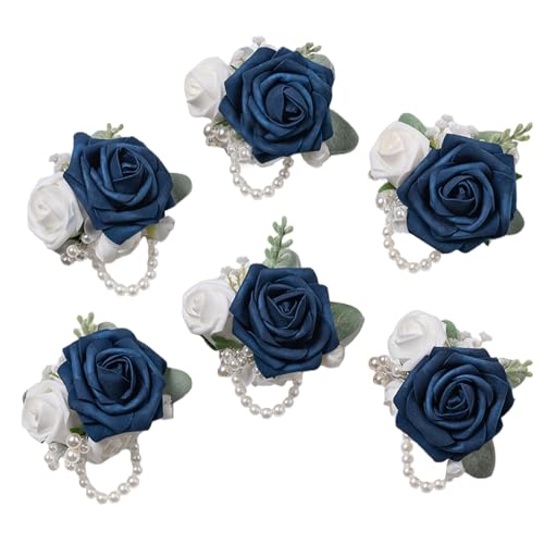 6Pcs Blue Faux Foam Rose Women Wrist Corsages for Wedding Prom | Artificial Foam Rose Corsages Wristlet for Wedding Prom Bride Bridesmaids Party Homecoming Ceremony Anniversary - color: 6pcs Blue Wrist Corsage
