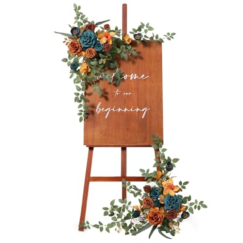 Ling's moment 2pcs Wedding Flowers Garland Artificial Floral Swag Arch Decorations Greenery Arrangements Orange & Teal Ceremony Reception Garden Easel Wall Entryway Outdoor Board(NOT Include Sign) - color: Teal & Orange