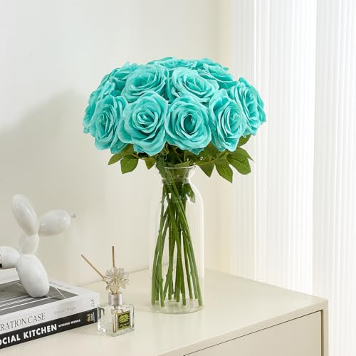 15pcs Fake Roses Artificial Silk Flowers Faux Rose Flower Long Stems Bouquet for Arrangement Wedding Centerpiece Party Home Kitchen Decor - color: 15pcs Tiffany