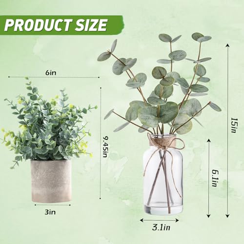 Coferset Artificial Eucalyptus Stems in Glass Vase with Faux Water, 15" Eucalyptus Fake Plants with Double-Sided Green Leaves for Home, Bathroom, Office, Farmhouse, Shelf Coffee Table Decor - color: Green-2