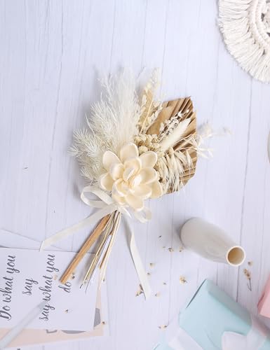xin's convey Dried Flowers Bouquet with Vase,Dried Pampas Grass Bouquet, Dried Flowers for Boho Home Decor,Farmhouse Decor, Wedding Party Table Centrepieces. (White) - color: White