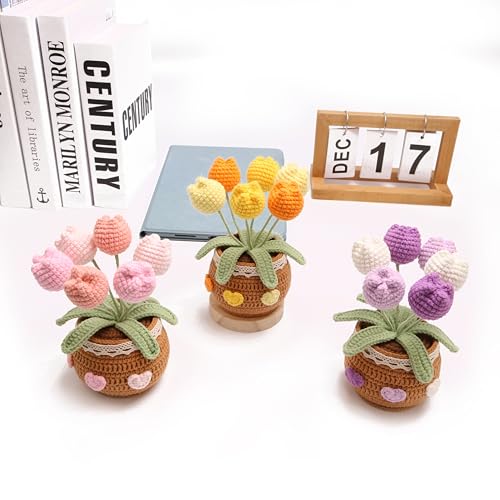 Crocheted Tulip Bouquets, Artificial Tulip Hand-Woven Flowers Suitable for Home, Office Decorations and Birthday Gifts for Family and Friends Anniversary (6 Flowers-Pink) - color: Pink a, size: A
