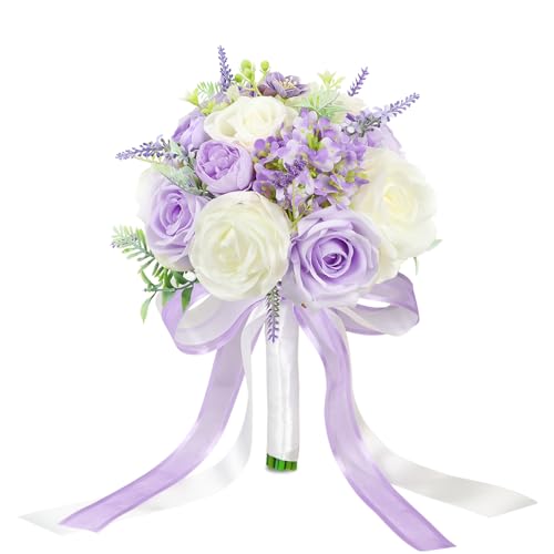 Bride Bouquets for Wedding 8.5 Inch Lilac Artificial Rose Flower Bridal Bouquets for Bride Wedding Bridesmaid Marriage Proposal Party Anniversary Church Decoration - color: Lilac
