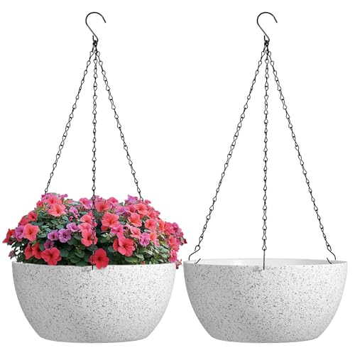 T4U Plastic Hanging Baskets 2-Pack - 12 Inch Large Hanging Flower Planter with Drainage Hole for Indoor Outdoor Plants, Round Plant Pot for Home Garden Porch Balcony Patio Decor (White) - color: White, size: 12 In