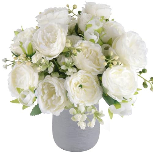 Artificial Peonies Silk Flowers, White Faux Peony Bouquet 2 Bundles Florals Arrangements Decor for Farmhouse Home Boho Wedding Table Centerpiece, Fake Plastic Flowers Bulk for Vase Decoration (White) - color: White, size: 2PCS