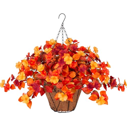Hanging Artificial Fall Flowers Basket for Outdoors Outside 3PCS Fake Plants Faux Orange Fall Flowers for Outdoors Planters UV Resistant Silk Flowers for Home Porch Patio Garden Autumn Decoration - color: Y4-orange Red Yellow+basket