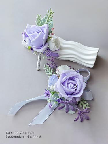 Corsage and Boutonniere Set with Red Roses for Bride, Groom, Bridesmaids Groomsmen Weddings, Proms, Homecomings. Perfect Party Suit Decor Wedding Flowers Accessories (Purple) - color: Purple