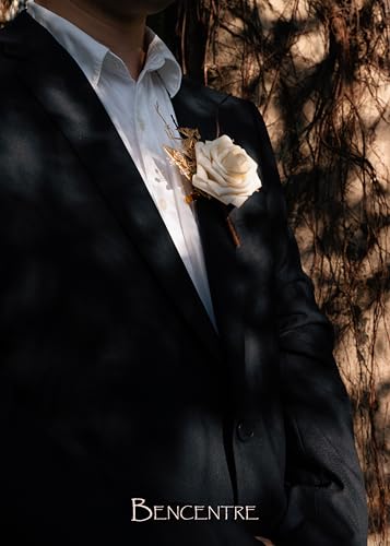 Beige&Gold Boutonniere for Men,Prom boutonnieres,Groom and Groomsmen Boutonniere for Wedding Ceremony Anniversary, Formal Dinner Party and Grad Night (Set of 6) - color: Beige&gold, size: set of 6