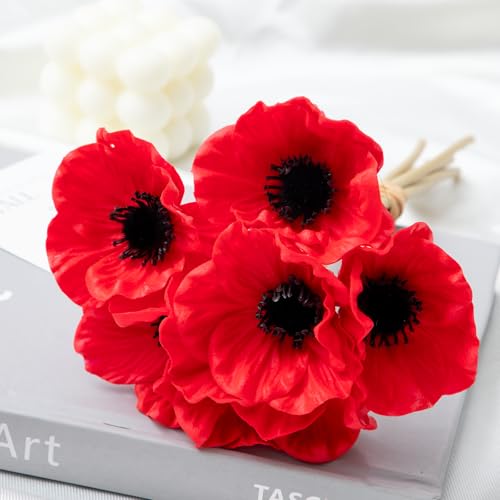 Floral Kingdom Artificial Anemone Poppy Flower,Red Real Touch Latex,10 inch,7Pack,for Home Teble Decor,Wedding Bouquet - color: Red