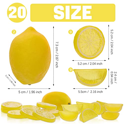 Woration 20 Pack Simulation Lemon & Slices Blocks Set, Artificial Plastic Lemon Slice Lifelike Fake Lemon Decor Fake Fruit for Wedding Photography Prop Party Display - color: Lemon