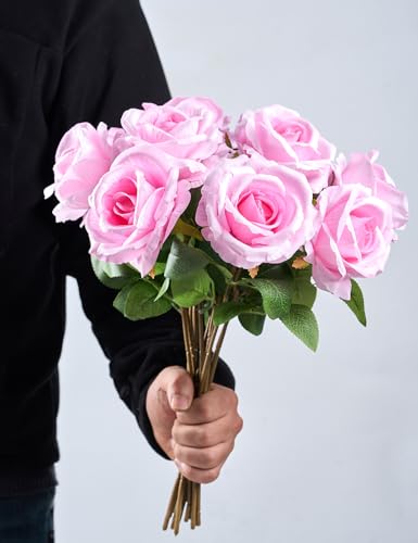 PONKING 3.5"(9cm) Rose Artificial Flower 12pcs Realistic Faux Silk Roses Fake Flowers Bouquets Arrangements Decor for Wedding Mother's Day, Home Table Christmas Valentine Decorations, Pink Flower - color: D 12pcs Pink Rose