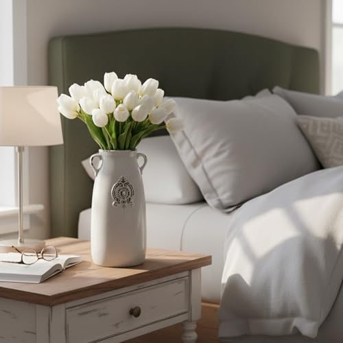 MyGift Farmhouse White Ceramic Vase with Handle and Embossed Seal Design, Antique Jug Shaped Tabletop Flower Vase