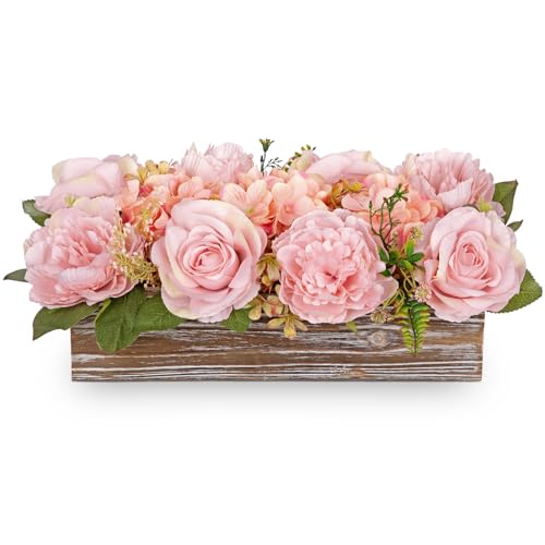 Flower Arrangement with Wooden Vase 14" Artificial Flowers in Pot - Fake Flowers Roses Peonies Hydrangeas in Wooden Vase Potted Artificial Flower Centerpieces for Table Decor Living Room - Dusty Pink - color: 14"l Dusty Pink