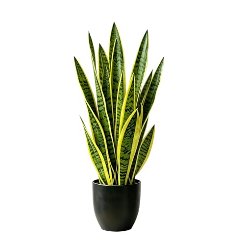 Fake Snake Plant 35'',3ft Artificial Gold Snake Plants Indoor with Black Planter, Realistic Faux Sansevieria Potted for Home Decor, Low Maintenance Greenery for Desk Office Corner Bedroom - color: Yellow-35in