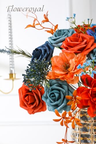 Floweroyal Artificial Flowers Combo Orange Flowers Mix Silk Flowers Dahlia Roses with Stems for DIY Wedding Bridal Bouquets, Baby Shower, Floral Arrangement, Table Centerpieces, Home Decorations. - color: Autumn Orange & Blue