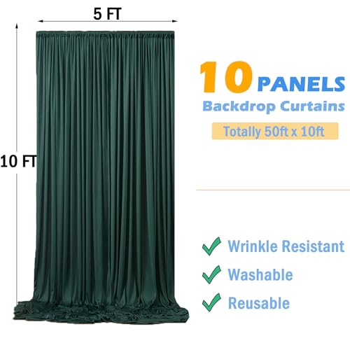 50ftx10ft Wrinkle Free Hunter Green Backdrop Curtains for Party Background, 10 Panels Silky Fabric Green Photo Backdrop Drapes Back Drop Cloth for Wedding Birthday Photography Baby Shower Decor - color: Hunter Green, size: 50ftx10ft