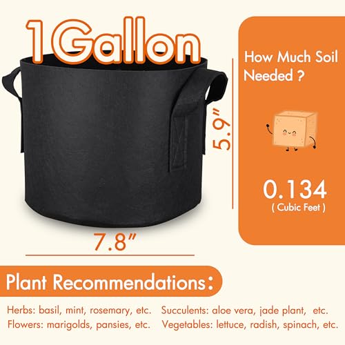 Gardzen 6-Pack 1 Gallon Grow Bags, 300G Thickened Nonwoven Fabric Pots with Handles, Heavy Duty Aeration Plant Bags for Gardening and Container Growing - size: 1 Gallon