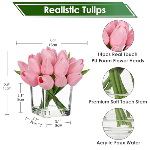 DILATATA Artificial Pale Pink Tulips in Vase with Faux Water 5.5" Real Touch Flowers Fake Tulips Small Flowers Arrangement in Cube Glass Vase for Mother's Day Table Centerpiece Wedding Home Decor - color: Square Vase/Pale Pink/1 Set
