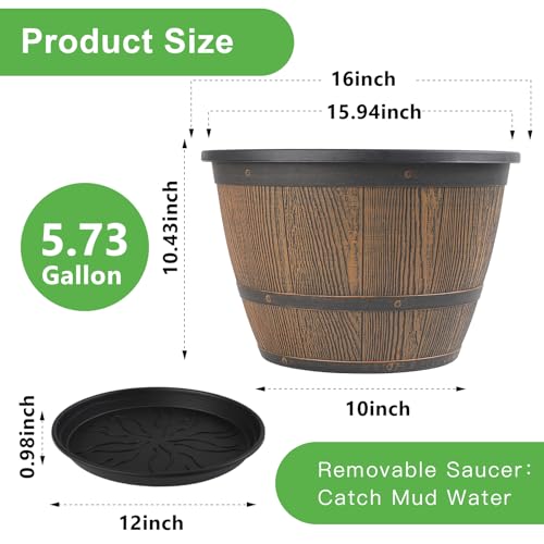 16-inch-Plant-Pots-Indoor-Outdoor, 4 Pack Large Whiskey Barrel Planters with Drainage Holes & Saucer, Plastic Flower Pots Imitation Wine Barrel Design, Decorative Garden Pots for Plants - color: Whiskey, size: 16-inch