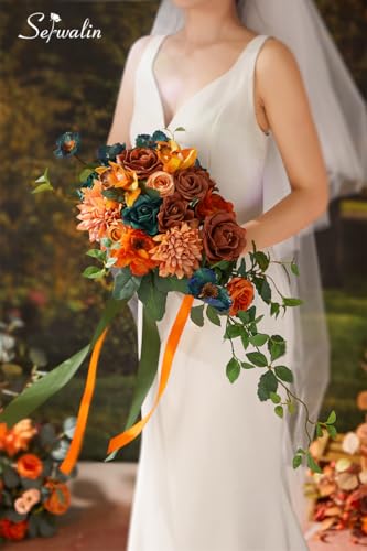Serwalin Orange & Teal Wedding Bouquets for Bride & Bridesmaid - Fall Cascading Artificial Flower Bouquets for Wedding Ceremony, Bridal Shower & Anniversary - color: Acclaimed Teal and Burnt Orange