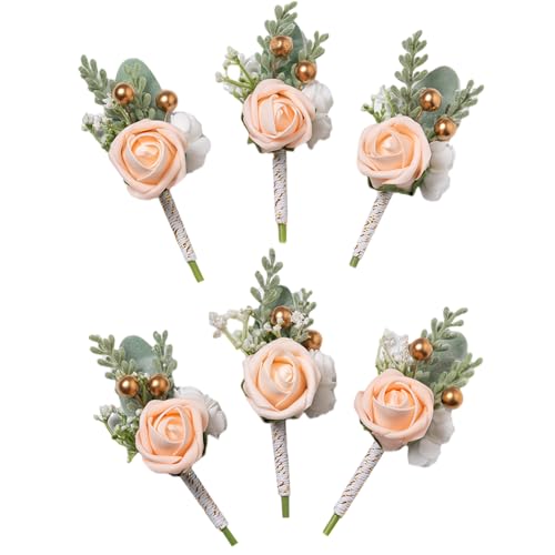 Champagne Rose Men Boutonniere Faux Foam Flower for Wedding 6Pcs | Champagne Artificial Foam Rose Boutonnieres for Wedding Prom Groom Groomsman Ceremony Anniversary Party Homecoming - color: 6pcs Champagne Pink Boutonniere