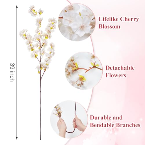 Sunm Boutique Silk Cherry Blossom Branches, Artificial Cherry Blossom Tree Stems Faux Cherry Flowers Vase Arrangements for Wedding Home Decor, Set of 3 - color: White, size: Pack of 3