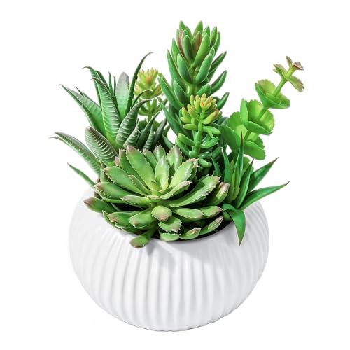 8 Inch Fake Plants Artificial Succulent Plants，White Ceramic Flower Pot，Assorted Faux Mini Succulents in a Decorative Planter Pot. - color: Pinkish White