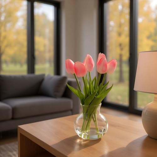 Realistic Fake Flowers Artificial Tulip Arrangement with Glass Vase, Adjustable Stems, for Home Living Room Table Office Wedding Decoration（Pink） - color: Pink