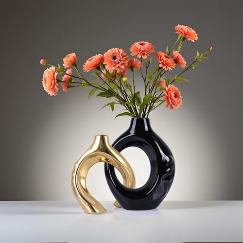 LCCCK Boho Black and Gold Ceramic Vases for Home Decor - Small Hollow Donut Vases for Living Room Table Wedding Centerpiece - color: Black and Gold