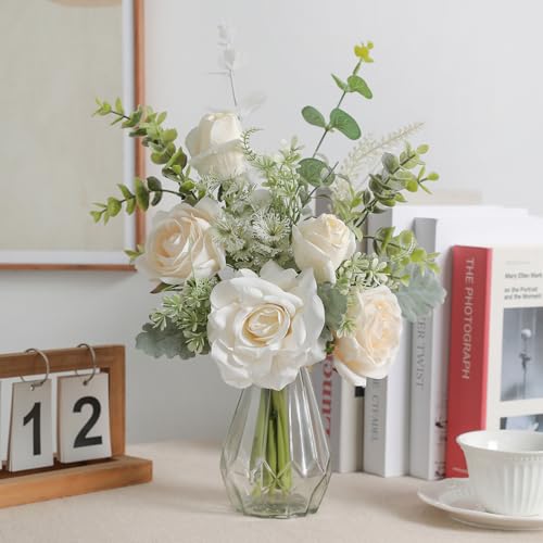 Artificial Flowers with Vase,White Silk Roses and Fake Plant Eucalyptus in Vase,Faux Flower Arrangement with Vase Suitable for Home Office Decoration, Living Room and Dining Table Centerpiece - color: White-1