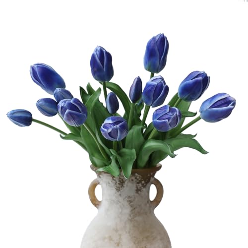 mizii 15Pcs Blue Tulips Artificial Flowers Latex Plastic Real Touch Fake Tulips Flowers Look Real Faux Tulip Flower Bouquet Decoration for Vase Room Table Centerpieces Home Decor (Blue) - color: Blue