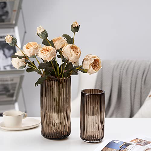 TIMEFOTO Flower Vase 10 inch Amber Thickened Hand Blow Glass Vase Round Vintage Striped Bottles for Bookshelf,Dinner Table,Indoor Office Desktop,Meeting Room,Bathroom,Home - color: Glass Amber, size: 10 inch