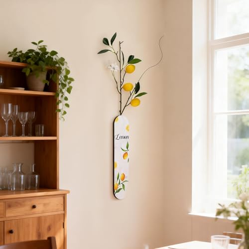 Woration 1PC Wall Mounted Wood Lemon Theme Decoration Fake Plant Hanging Wooden Plaque Vase Planter with Artificial Fruit Branche Art Wall for Bathroom Bedroom Kitchen Office Home - White - color: Artificial Lemon Branche