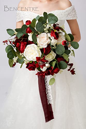 14 Inch Burgundy Bridal Bouquet,Fall Wedding Bouquet,Bride Bouquets for Wedding Ceremony Anniversary, Party and French Rustic Vintage Wedding,Artificial Flowers - color: Burgundy, size: 14 Inch