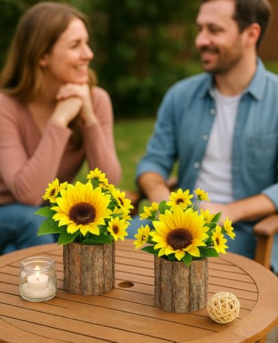 AceList Artificial Sunflowers in Rustic Bark Pots, Set of 2 Small Silk Flower Arrangements for Home, Table, Kitchen, Mother’s Day & Year-Round Decor - color: Yellow