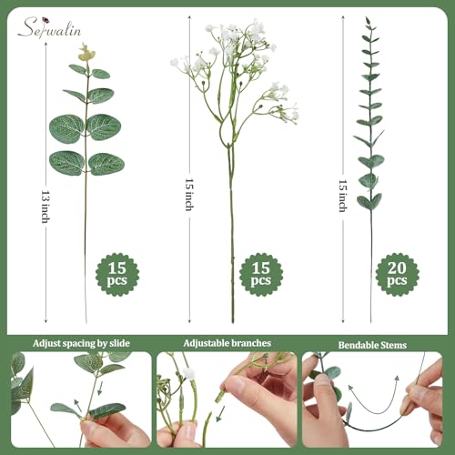 Serwalin 50 Pcs Mixed Artificial Eucalyptus Stems,Babys Breath Artificial Flowers Bulk with Faux Eucalyptus Leaves Greenery Stems for Wedding DIY Bouquets Floral Arrangement Home Decor - size: 50pcs